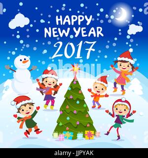 Glückliches neues Jahr 2017 Kinder Hintergrund, glückliches Kind mit Prosit Neujahr 2017, bunten Vektor-Illustration Stock Vektor