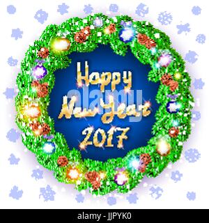 Vektor Weihnachten Frohes neues Jahr 2017 Grünen Kranz. Hintergrund. Schnee. Lichtkunst Stock Vektor