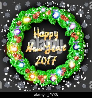 Dekorativer Kranz 2017 Happy New Year Text. Weihnachtsbeleuchtung Girlande Dekoration. Weihnachtsbaum-Kranz aus Kiefer, Tanne, Fichte Zweige. Neujahr-b Stock Vektor