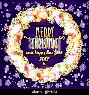 Leuchtende Lichter Weihnachtskranz für Xmas Urlaub Gruß Karten Design. Frohe Weihnachten-Schriftzug Aufkleber. Leuchtende Lichter Girlanden Weihnachten Weihnachtskarte Stock Vektor