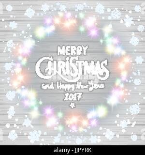 Frohe Weihnachten und ein glückliches neues Jahr 2017. Leuchtende Adventskranz von led-leuchten auf dem weißen Hintergrund aus Holz gemacht. Christmas Lights Hintergrund. Kunst Stock Vektor