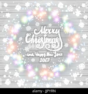 Frohe Weihnachten und ein glückliches neues Jahr 2017. Leuchtende Adventskranz von led-leuchten auf dem weißen Hintergrund aus Holz gemacht. Christmas Lights Hintergrund. Kunst Stock Vektor