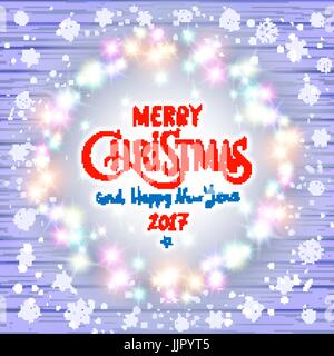 Frohe Weihnachten und ein glückliches neues Jahr 2017. Leuchtende Adventskranz von led-leuchten auf dem violetten Hintergrund aus Holz gemacht. Christmas Lights Hintergrund. Kunst Stock Vektor