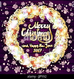 Leuchtende Lichter Weihnachtskranz für Xmas Urlaub Gruß Karten Design. Hölzerne Hand gezeichneten Hintergrund. Stock Vektor