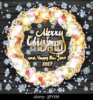 Leuchtende Adventskranz gemacht von led-leuchten auf dem hölzernen Hintergrund Stock Vektor