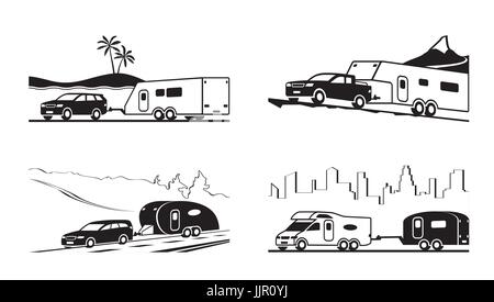Autos mit Wohnwagen und Wohnmobil - Vektor-illustration Stock Vektor