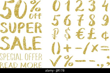 Gold glitzernden Alphabet - Zahlen (Zahlen), Währungszeichen. Super Sale. Big Verkauf. Verkauf-Tag. Verkaufsposter. Verkauf-Vektor. Super Sale und Sonderangebote. Stock Vektor