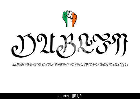 Retro-Typografie, Vintage Reise Gruß Label auf unscharfen Hintergrund "Grüße aus Dublin, Irland", Vector design. Kunst Stock Vektor