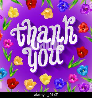 Blauen Aquarell danke Wörter in einfachen und eleganten Blumenkranz Federblättern, rosa Blüten mit violetten Band. Ideal für Hochzeiten und invitat Stock Vektor