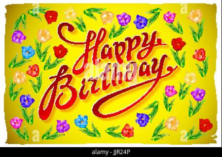 Herzlichen Glückwunsch zum Geburtstag. Tulpen mit Text Happy Birthday auf gelbe Kunst Stock Vektor