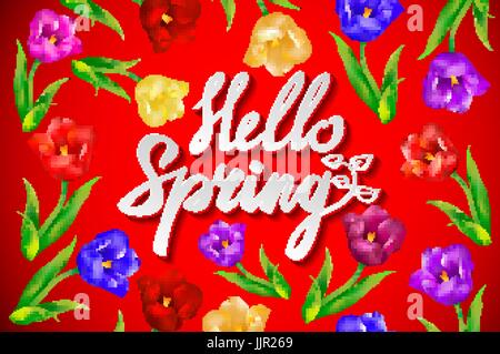 Hallo Frühling Ausdruck Vektor-Schriftzug. Die Hand gezeichnete Kalligraphie, roten Hintergrund. Tulpe-Kunst Stock Vektor