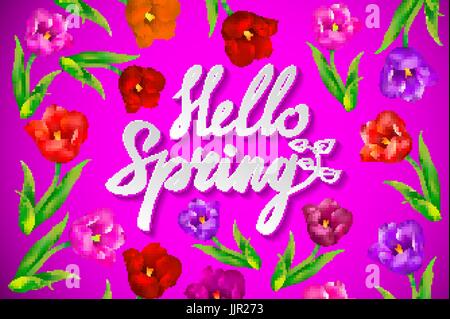 Kreative grün und rosa Textur mit Blättern und Beeren Spuren. Doodle-Kreis-Rahmen mit Text Hallo Frühling. Vektor-Design für Vertrieb, Frühlingsbanner, ein Stock Vektor