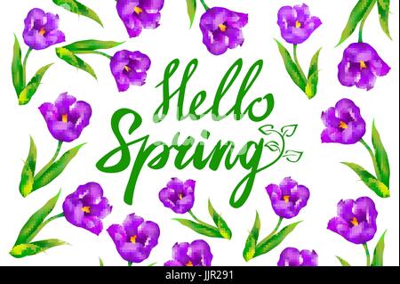 Hallo Frühling Text mit Violet Tulip Blumen und Schmetterlinge Kunst Stock Vektor