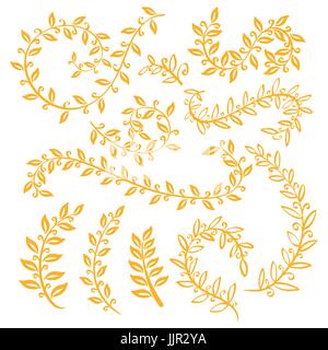 Herbstliches Blatt Set. Stellen Sie Kränze und Lorbeer. Handgemalte orange Zweige, Blätter, Blatt, Blütenblatt Dekorelemente. Für Design-Vorlage, Einladung. Hand-sketc Stock Vektor