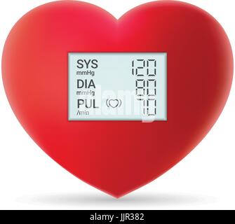 Arterieller Blutdruck überprüfen Konzept. Digitaler Tonometer auf rotes Herz isoliert auf einem weißen Hintergrund. Realistische Vektor-Illustration. Stock Vektor