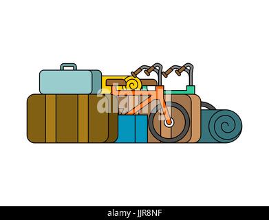 Dinge für Wochenende. Fahrräder und Koffer. Camping-Zubehör Stock Vektor