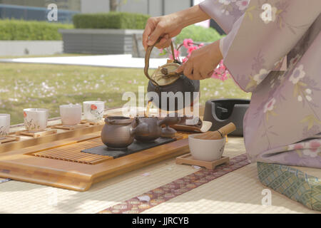 japanische Frau Gießen Tee im Sakura-Zen-Garten Stockfoto