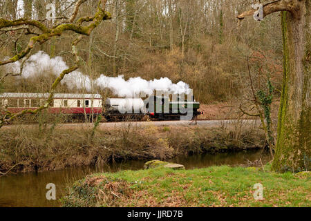 Neben dem Fluss Dart auf der South Devon Railway, gezogen von GWR Pannier Tank Nr. 6412 Dampfzug. Stockfoto