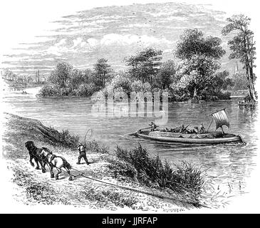 1870: Lastkähne vor Magna Carta Island, eine Insel in der Themse liegen über dem Fluß von den Auen bei Runnymede.  Die Insel ist eine der mehrere Anwärter für den Ort, wo König Johann 1215, die Magna Carta versiegelt, sein. Während die Charta selbst namentlich Runnymede zeigt, ist es möglich die Insel Teil des Runnymede zur Zeit gegolten haben kann. In der Nähe von Old Windsor, Berkshire, England Stockfoto