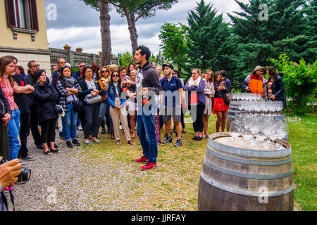 Gruppe von Touristen bei einer Weinprobe im Land Chianti Toskana Italien Stockfoto