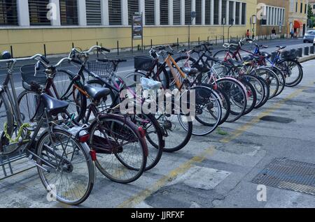 Verschiedene Fahrräder geparkt in der Nähe von Schiefer Turm von Pisa, Italien, Europa Stockfoto