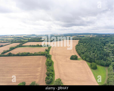 Luftaufnahme des umgepflügt Äckern, Wandern, Wanderwege, Hecken, Wälder in einer ländlichen Gegend, an einem bewölkten Sommertag. Stockfoto