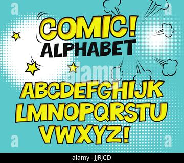 Comic-Retro-gelbe Alphabet. Halbton-Hintergrund und dekorative Elemente. Buchstaben für Kinder Illustrationen, Websites, Comics, Banner. Stock Vektor