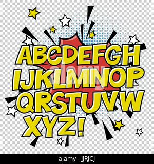Comic-Alphabet und Sprache-Blase-Element. Halbton-Kreis auf transparentem Hintergrund. Vektor-Set. Comic-Text. Vektor-Blase Symbol Rede Ausdruck. Comics Stock Vektor