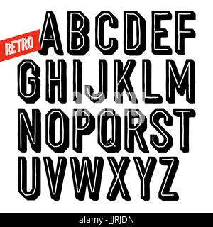 Handgemachte Retro-Schriftart. Schwarzer Punkt Inline kondensierten Hand gezeichnete Alphabet. Sans Serif Typ mit Schatten. Stock Vektor