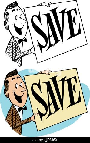 Ein Mann hält ein Schild Werbung sparen. Stock Vektor
