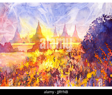 Feine Kunst Aquarell von verfallenen Pagoden von Bagan (Pagan) in Myanmar (Burma) Stockfoto