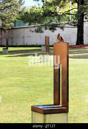 Ein Rotkehlchen sitzt auf einem Denkmal Stuhl an das Oklahoma City National Memorial der Bombardierung des Bundes Gebäudes. Stockfoto