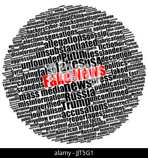 Schwarzer Text mit roten gefälschte Nachrichten in Runde kreisförmige Wortwolke isoliert auf weiss Stockfoto