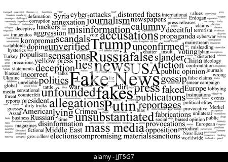 Wort-Tag-Cloud zum Thema gefälschte Nachrichten mit schwarzem Text auf weißem Hintergrund isoliert Stockfoto