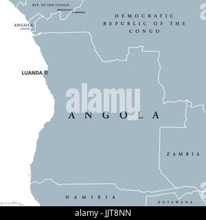 Angola politische Karte mit Hauptstadt Luanda und Exklave Cabinda. Republik und Land im südlichen Afrika am Atlantik. Graue Abbildung. Stockfoto