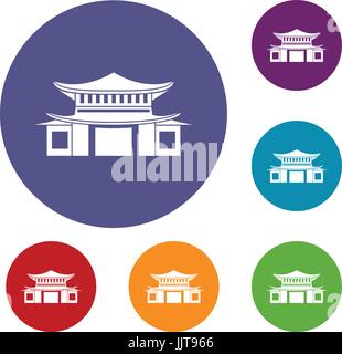 Chinesische traditionelle Gebäude. Symbole, die inmitten einer flachen Kreis rote, blaue und grüne Farbe für web Stock Vektor