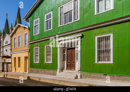 Bunte Häuser in Cerro Alegre, Valparaiso, Chile. UNESCO-Welterbe. Stockfoto