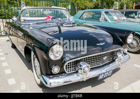 DEN BOSCH, Niederlande - 10. Mai 2015: Schwarz 1956 Ford Thunderbird klassisches Cabriolet Auto. Stockfoto