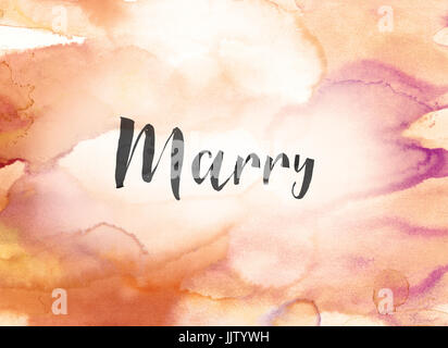 Das Wort Marry Konzept und Design in schwarzer Tinte auf einem bunt bemalten Aquarell Hintergrund geschrieben. Stockfoto