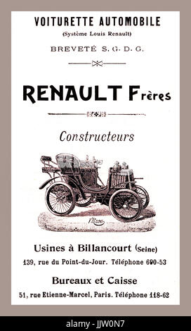 Automobile 'RENAULT Freres constructeurs" Jahr 1900 Seite Werbung in der ersten Edition Guide Michelin für frühe Renault Frères Kraftfahrzeuge Stockfoto