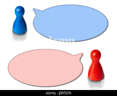 Figuren mit runden Sprechblasen isoliert auf weißem Hintergrund. Konzept zur Diskussion, Chat, Kommunikation. Stockfoto