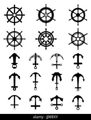 Schwarze Silhouetten von Anker und Ruder, Symbole oder Logo Vorlage Stockfoto