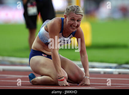 Großbritanniens Georgina Hermitage reagiert nach dem Gewinn und setzen einen neuen Weltrekord in der Frauen 400 m-Finale T37 tagsüber sieben der 2017 Para Leichtathletik-Weltmeisterschaften in London Stadion. Stockfoto