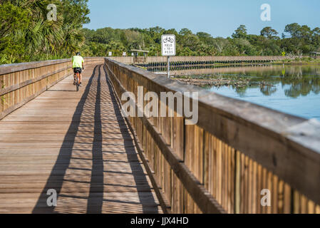 Radfahrer auf dem Wander- und Promenade Trail Lodge Simpson auf Big Talbot Island in Jacksonville, Florida, USA. Stockfoto
