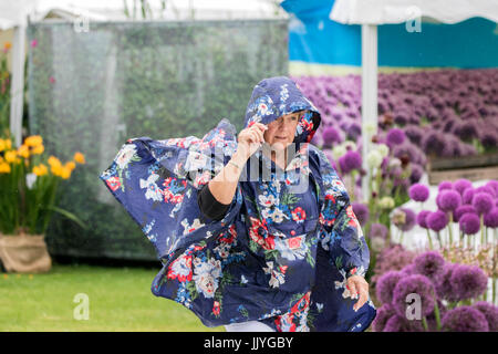 RHS Tatton Park Blumenschau, Knutsford, Cheshire. GROßBRITANNIEN WETTER. 21. Juli 2017.  Starke Winde und schwere Duschen Wasser die Gärtner, die Teilnahme an dieser Jahre floral Masterclass bei der Royal Horticultural Society Tatton Park Flower Show 2017.   Besucher können eintauchen in die Schönheit, Duft und Farbe des Dorfes Floral Festzelt & Pflanze.  Eine neue Ergänzung zu den spektakulären Gärten auf dem Display wird "Schmetterlingsgarten" wo Gäste durch das tropische Paradies gefüllt mit exotischen Schmetterlingen wandern können.  Bildnachweis: Cernan Elias/Alamy Live-Nachrichten Stockfoto