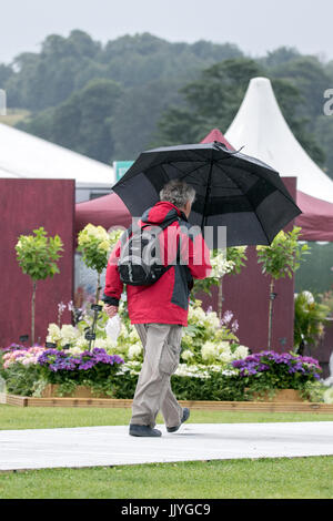 RHS Tatton Park Blumenschau, Knutsford, Cheshire. GROßBRITANNIEN WETTER. 21. Juli 2017.  Starke Winde und schwere Duschen Wasser die Gärtner, die Teilnahme an dieser Jahre floral Masterclass bei der Royal Horticultural Society Tatton Park Flower Show 2017.   Besucher können eintauchen in die Schönheit, Duft und Farbe des Dorfes Floral Festzelt & Pflanze.  Eine neue Ergänzung zu den spektakulären Gärten auf dem Display wird "Schmetterlingsgarten" wo Gäste durch das tropische Paradies gefüllt mit exotischen Schmetterlingen wandern können.  Bildnachweis: Cernan Elias/Alamy Live-Nachrichten Stockfoto