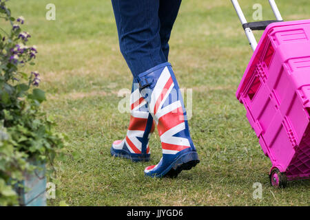 RHS Tatton Park Blumenschau, Knutsford, Cheshire. GROßBRITANNIEN WETTER. 21. Juli 2017.  Starke Winde und schwere Duschen Wasser die Gärtner, die Teilnahme an dieser Jahre floral Masterclass bei der Royal Horticultural Society Tatton Park Flower Show 2017.   Besucher können eintauchen in die Schönheit, Duft und Farbe des Dorfes Floral Festzelt & Pflanze.  Eine neue Ergänzung zu den spektakulären Gärten auf dem Display wird "Schmetterlingsgarten" wo Gäste durch das tropische Paradies gefüllt mit exotischen Schmetterlingen wandern können.  Bildnachweis: Cernan Elias/Alamy Live-Nachrichten Stockfoto