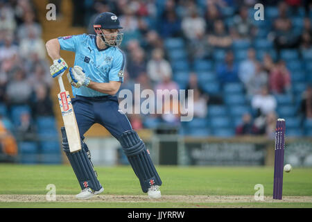 Shaun Marsh schaut zu, wie sein Hit in Richtung der Grenze bei der Natwest T20 Blast Spiel zwischen Yorkshire County Cricket Club V Warwickshire County Cricket Club auf Freitag, 21. Juli 2017 geht. Foto von Mark P Doherty. Stockfoto