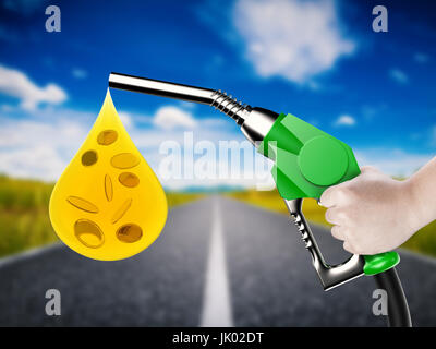 Hand mit Gas-Pumpe-Düse mit Öl Tropfen und Gold Münzen Stockfoto