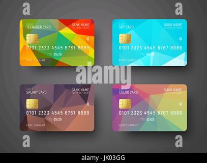 Satz von Vorlagen (EC) Bank Kreditkarte mit einem farbigen polygonalen abstrakten Hintergrund für die verschiedenen Ebenen. Vektor-Illustration. Stock Vektor